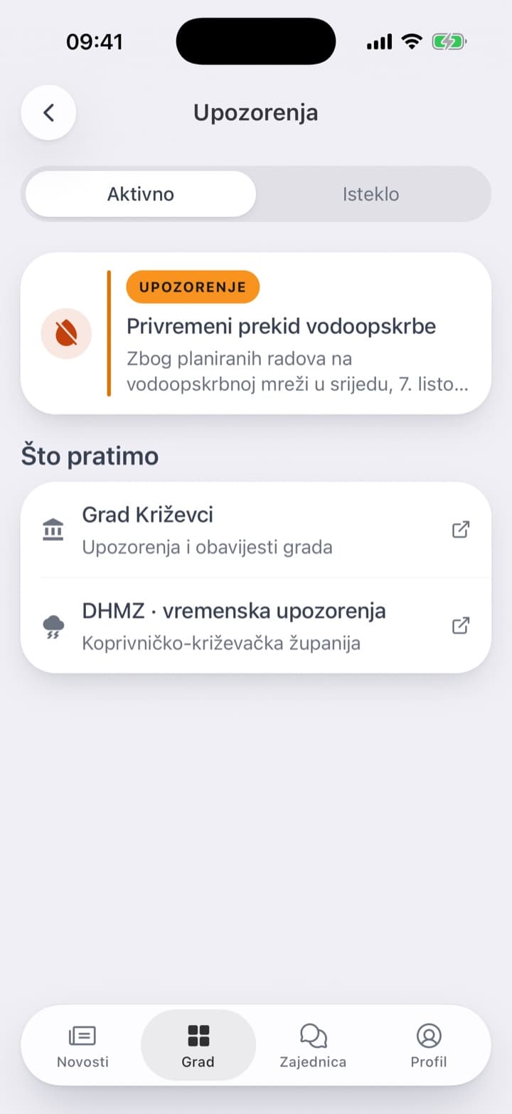 Upozorenje na vrhu početnog zaslona. Na stranici usluge upozorenja koja trenutačno vrijede.