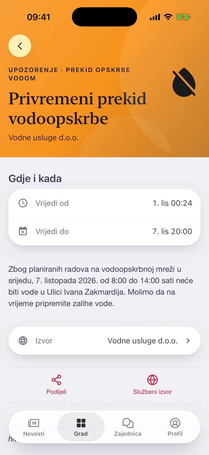 Otvoreno upozorenje: gdje i kada, tekst i gumb za dijeljenje. Na dnu razgovor o upozorenju.