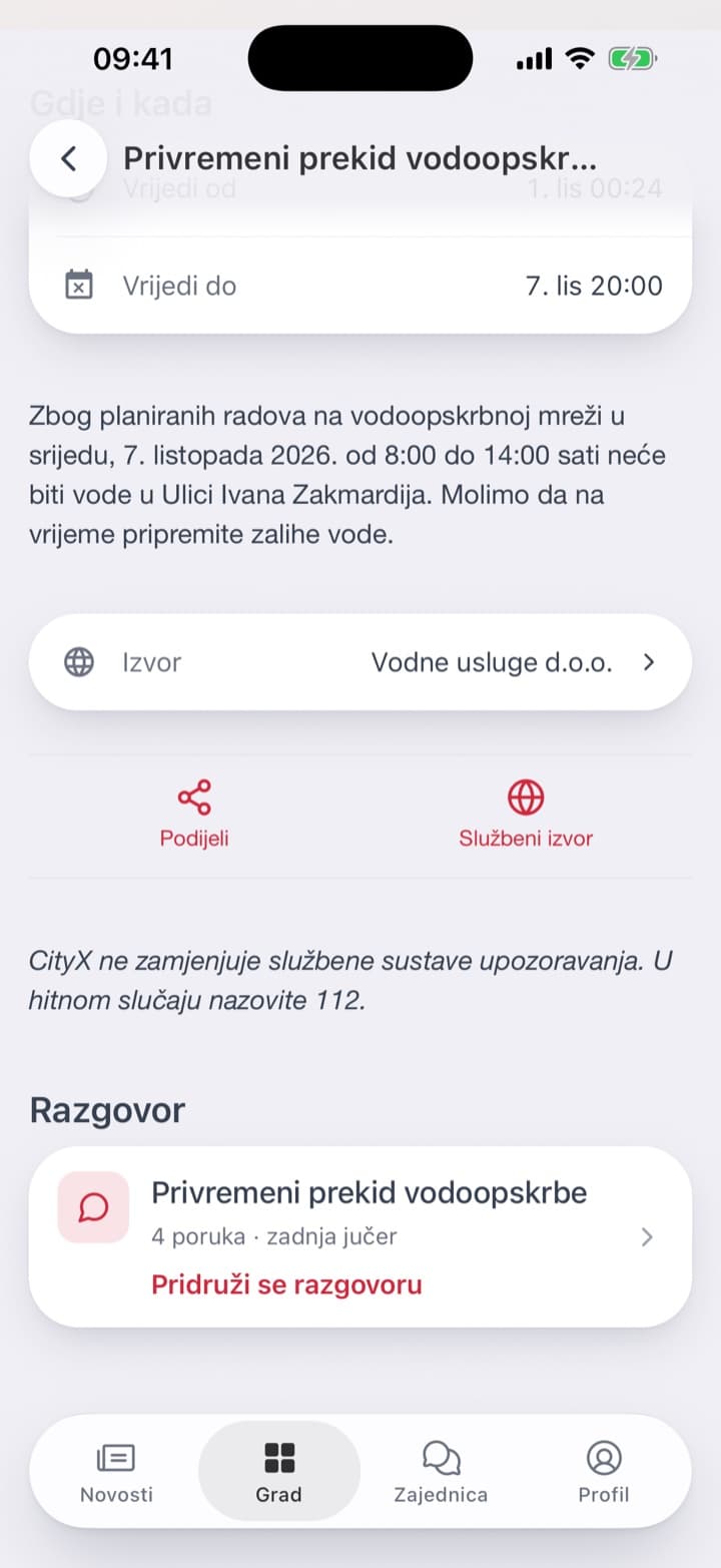 Otvoreno upozorenje: gdje i kada, tekst i gumb za dijeljenje. Na dnu razgovor o upozorenju.