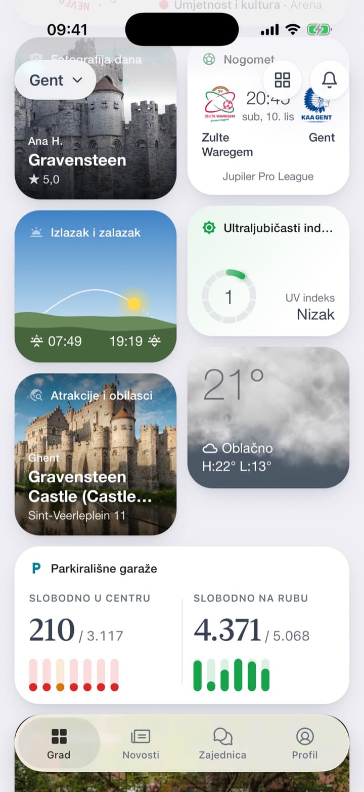 Na početnom zaslonu najpoznatija gradska znamenitost s fotografijom i adresom. Popis u gradu, najposjećenija mjesta prva, svako s fotografijom, vrstom mjesta i ocjenom.