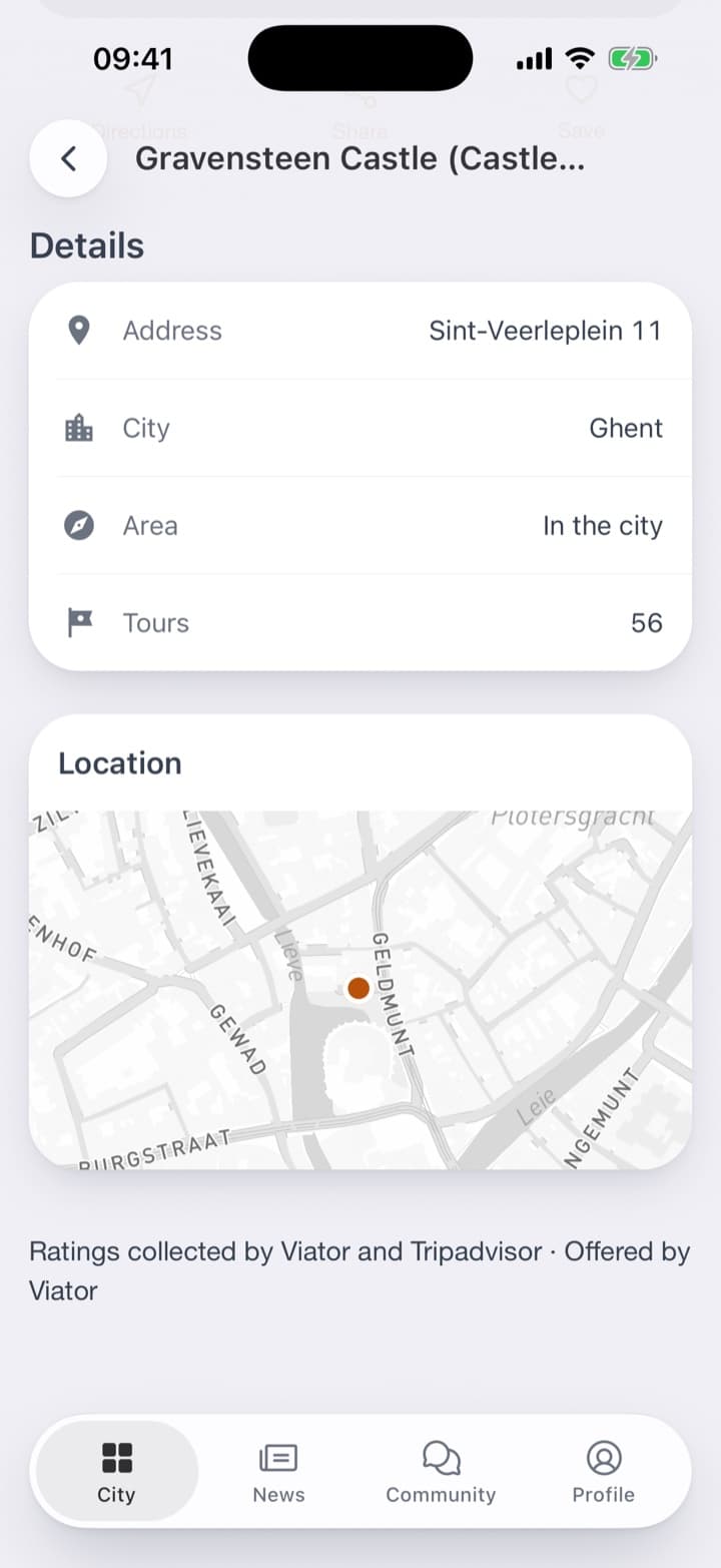 A sight's page: the photo, the address, the rating, a button to book a tour, directions, sharing and saving. Further down, the area, the number of tours and the map.