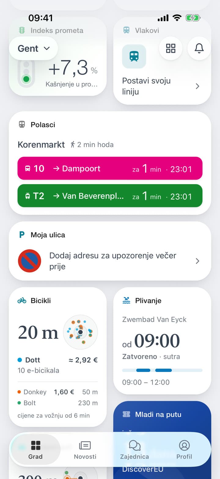 Pločica pokazuje najbliži bicikl, najbliži bicikl svakog drugog operatera i cijene za vožnju od 6 min. Na karti su bicikli svih operatera, a kartica kaže što ondje stoji i otvara aplikaciju operatera.