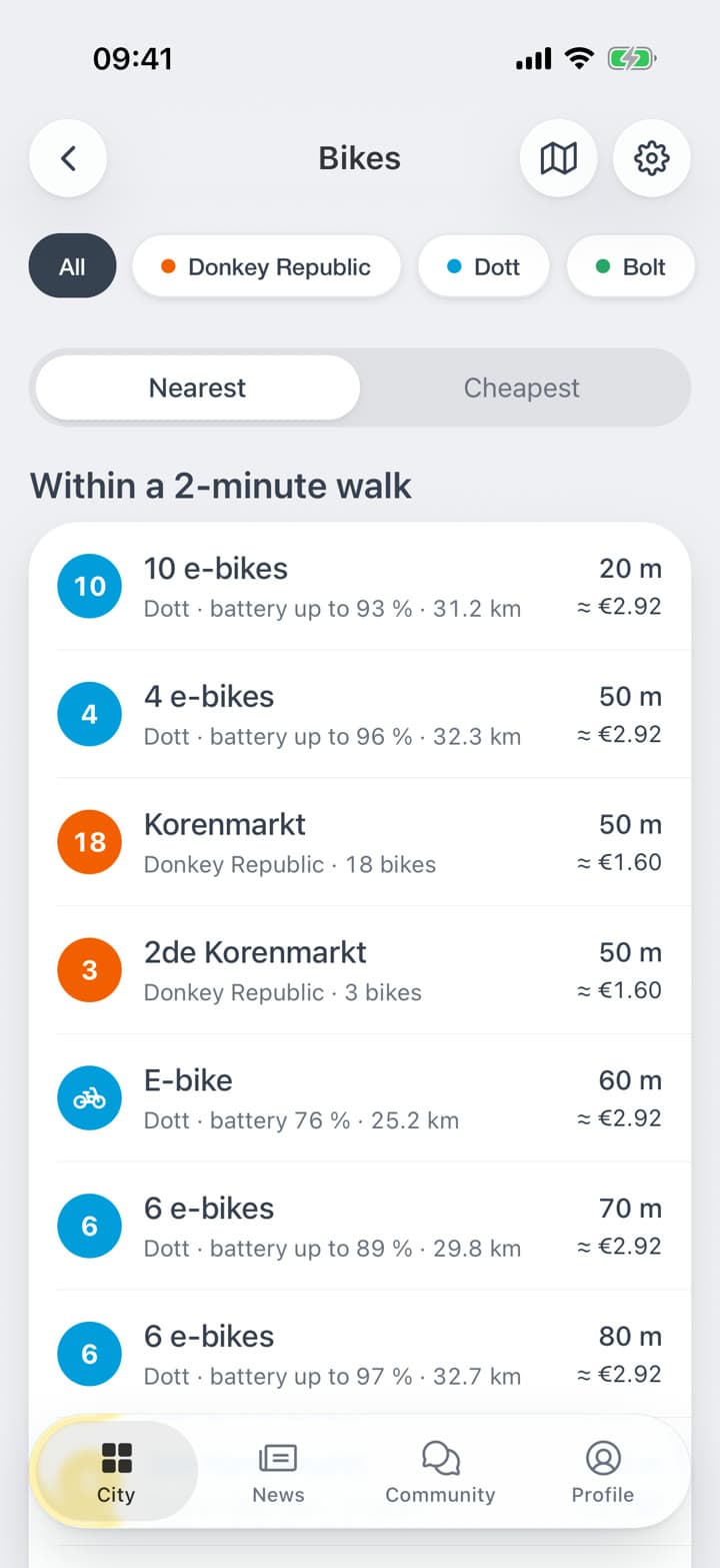 The list, nearest or cheapest, by walking time. A bike's page gives its range, the price of the ride and the operator's fare, and opens that operator's app.