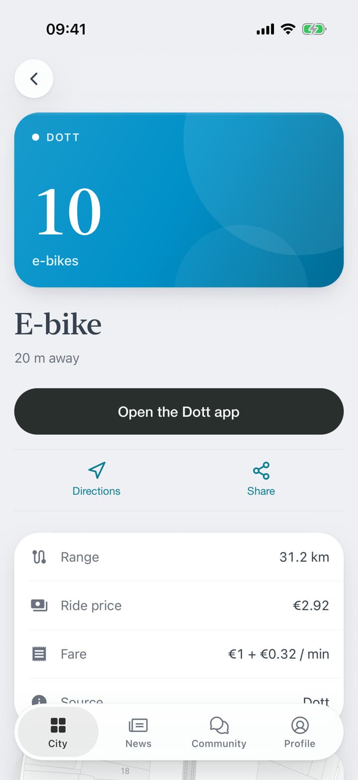 The list, nearest or cheapest, by walking time. A bike's page gives its range, the price of the ride and the operator's fare, and opens that operator's app.
