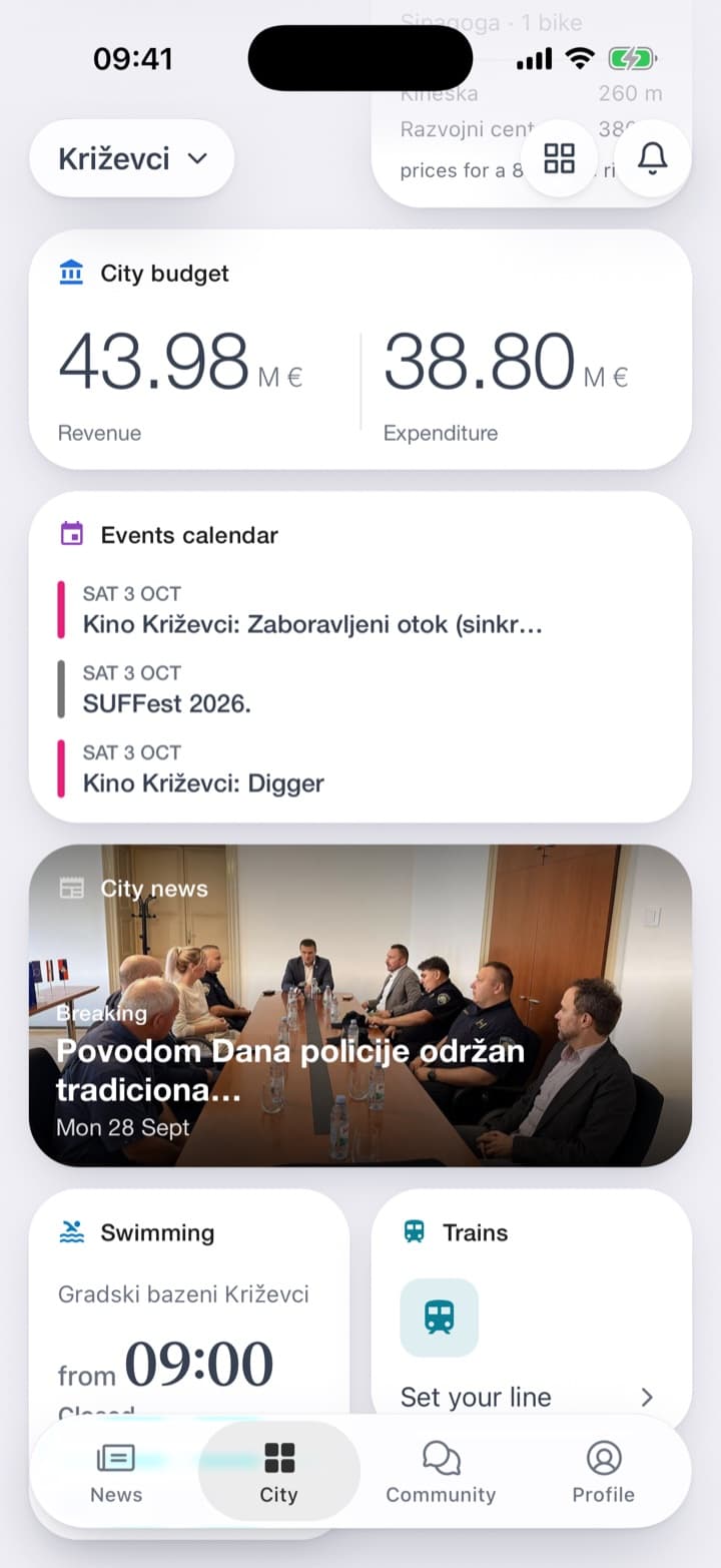 The next events on the home screen. The calendar with posters and a strip of the week. The day's events, each with its time and venue.
