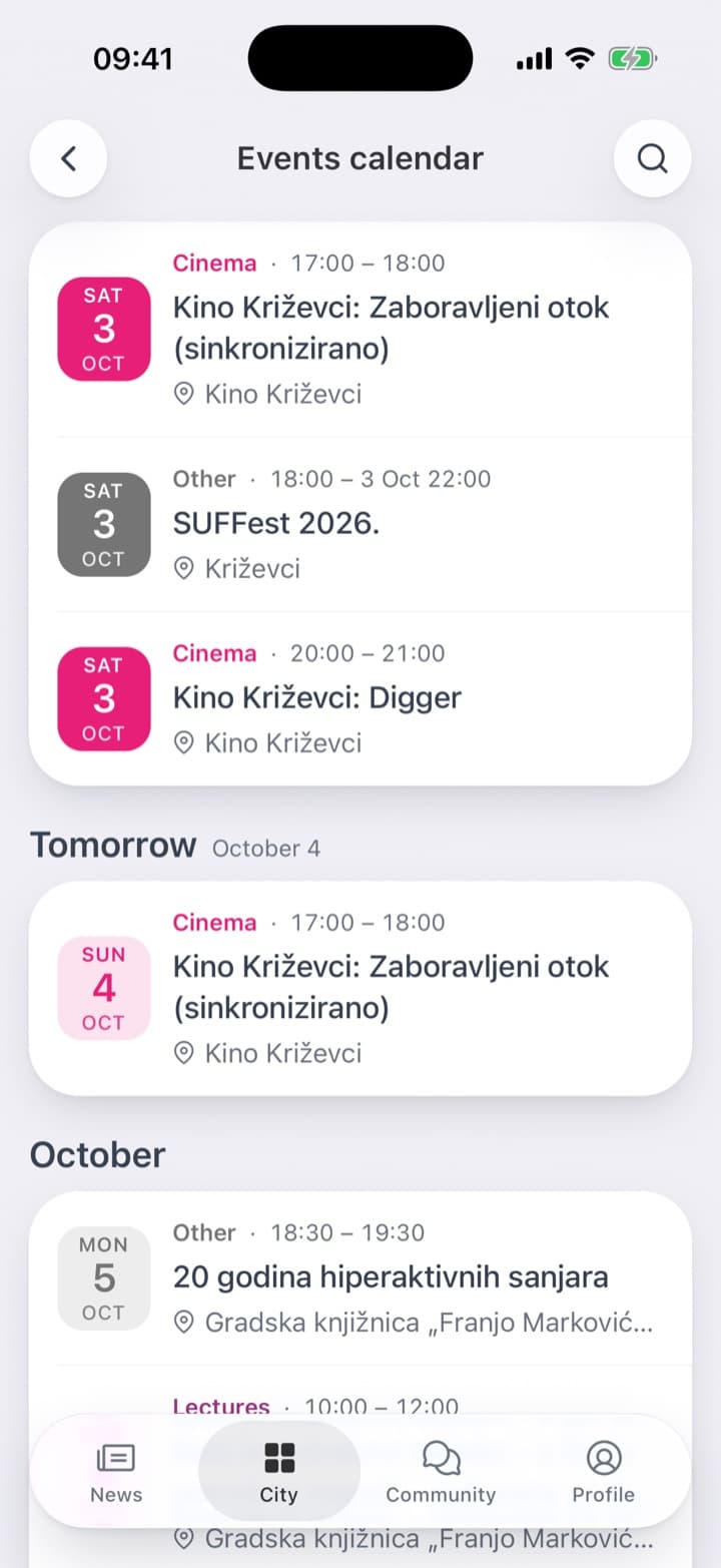 The next events on the home screen. The calendar with posters and a strip of the week. The day's events, each with its time and venue.