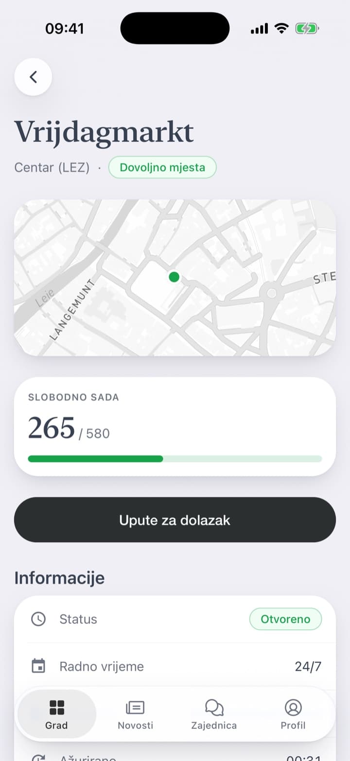 Garaže na karti, svaka sa slobodnim mjestima. Detalj garaže: slobodno sada, radno vrijeme i upute za dolazak.