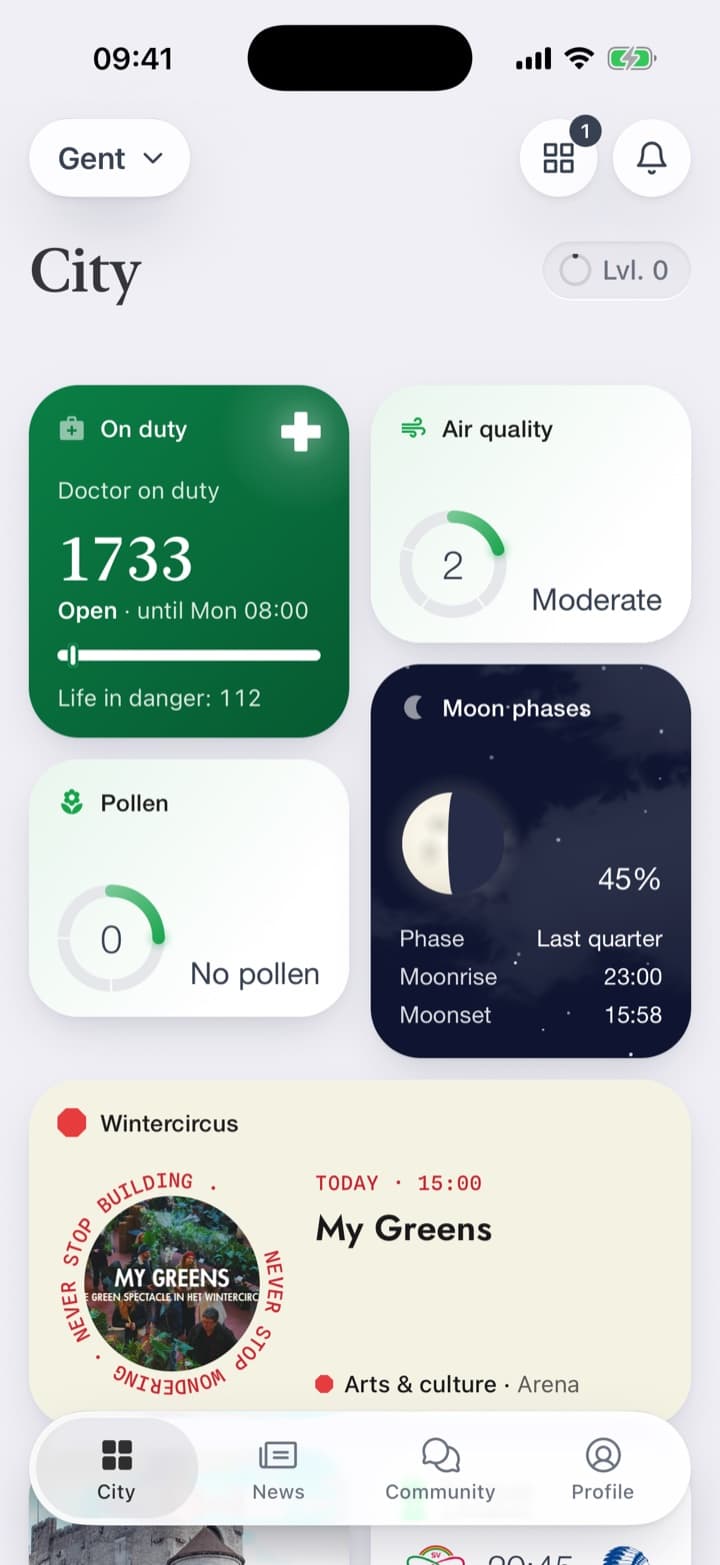 The tile is green while the duty runs and shows the number. The page puts the emergency number first, then the doctor on duty with one button to call.