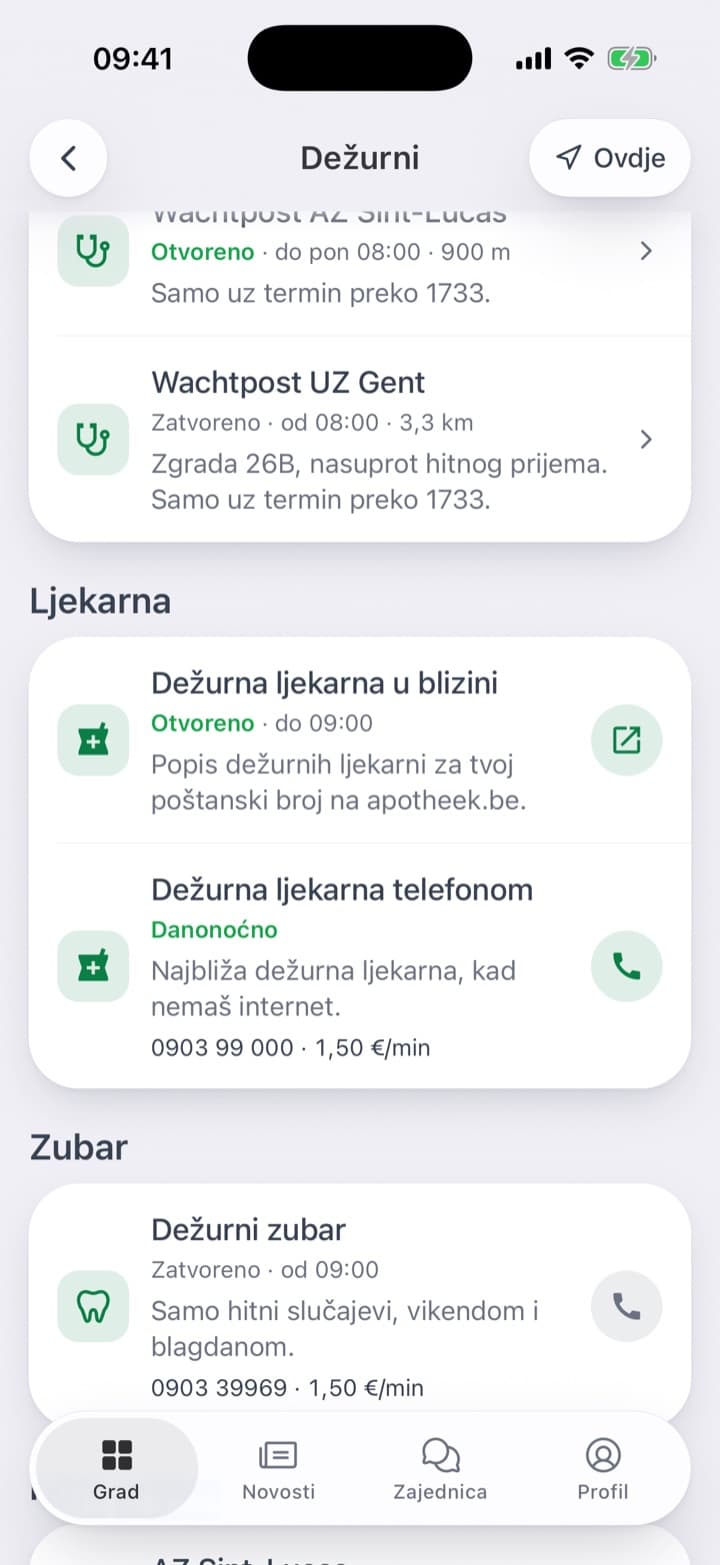 Dežurna ljekarna i dežurni zubar, uz cijenu poziva. Stranica bolnice: kada radi, broj telefona, adresa i karta.