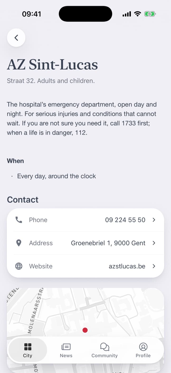 The pharmacy and the dentist on duty, with what a call costs. A hospital's page: when it is open, the phone number, the address and the map.