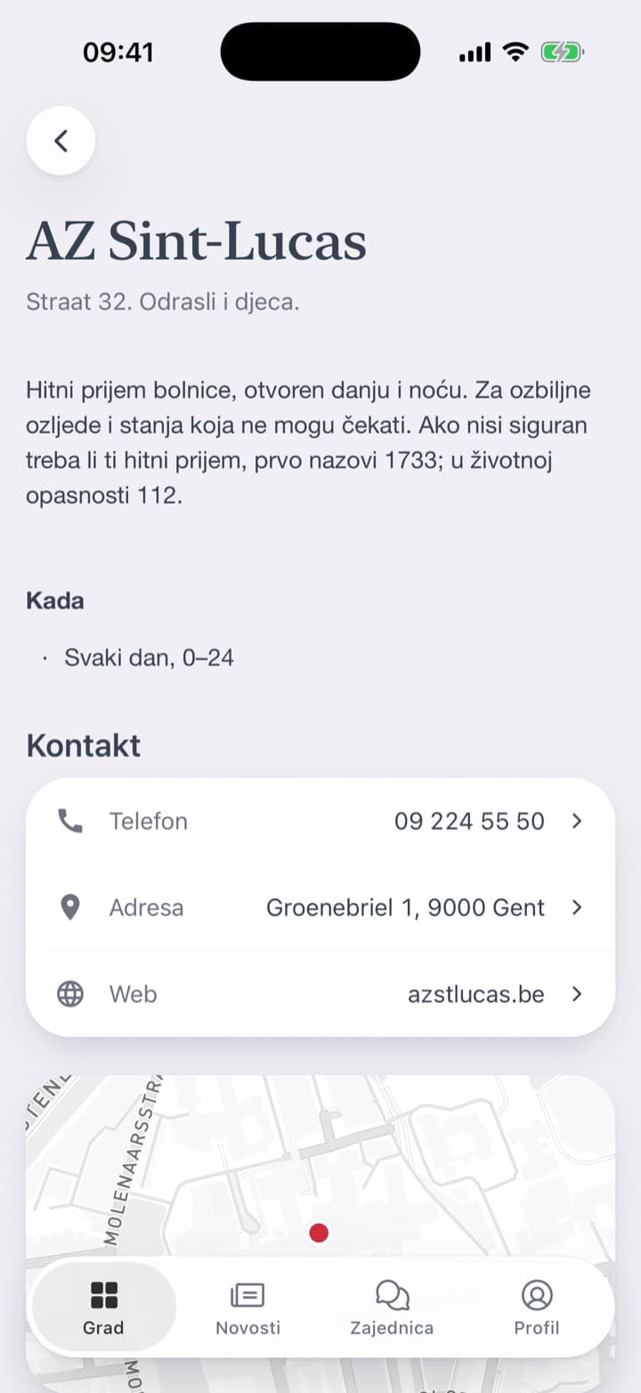 Dežurna ljekarna i dežurni zubar, uz cijenu poziva. Stranica bolnice: kada radi, broj telefona, adresa i karta.
