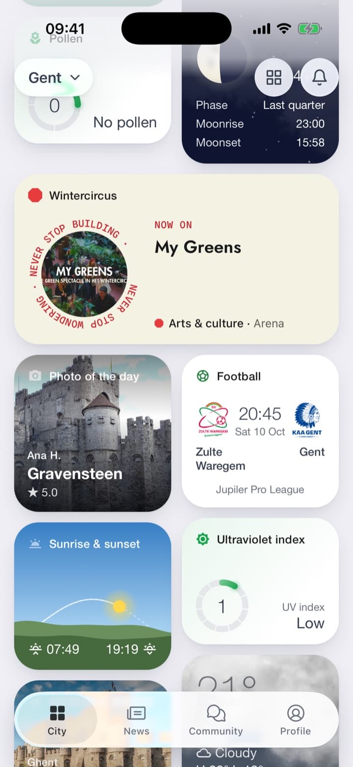 On the home screen, the week's best photo, by Ana H., ★ 5.0. The photos open full screen: a morning by the river, ★ 3.0 · 1 review. Two photos further, old stone walls at sunset, not yet rated.