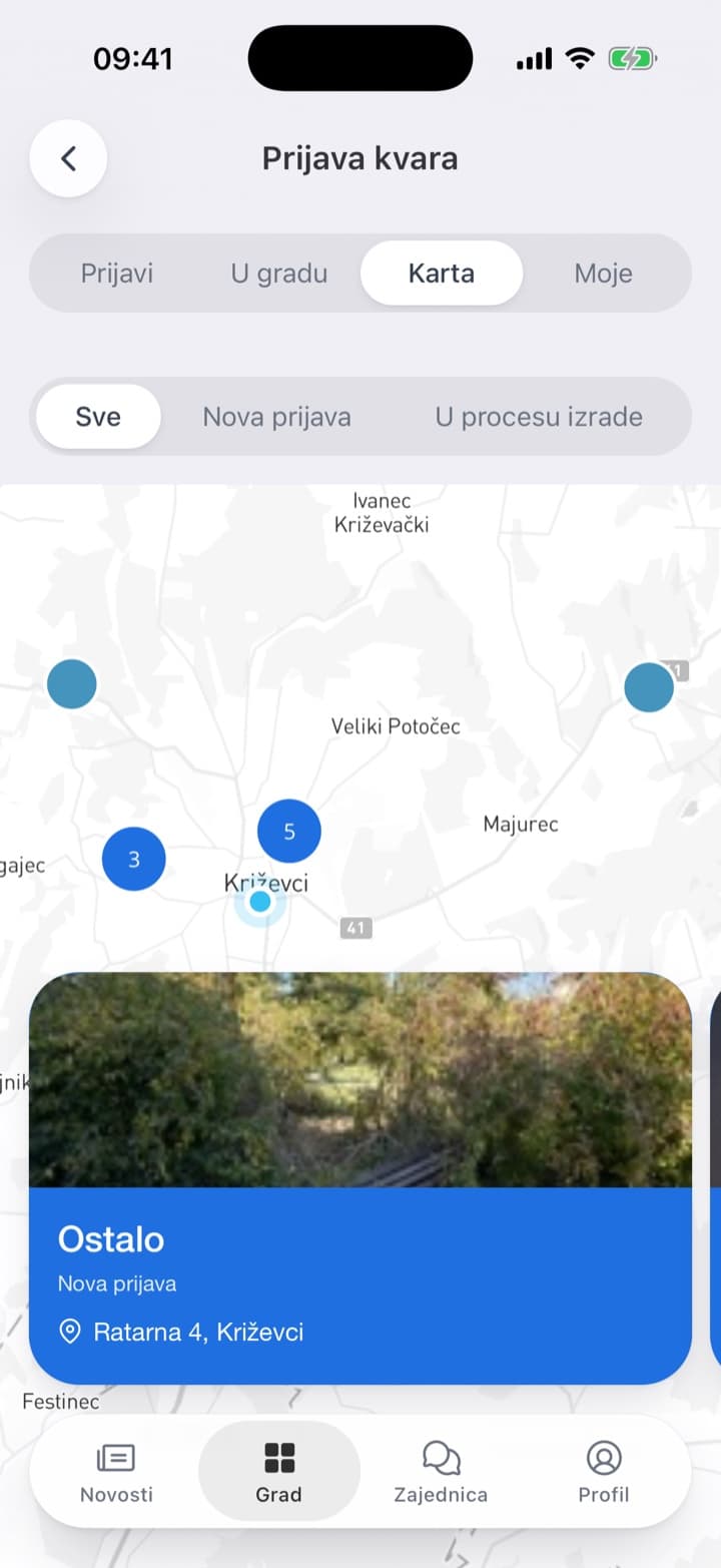 Svaka prijava s fotografijom i stanjem, kao popis i na karti.