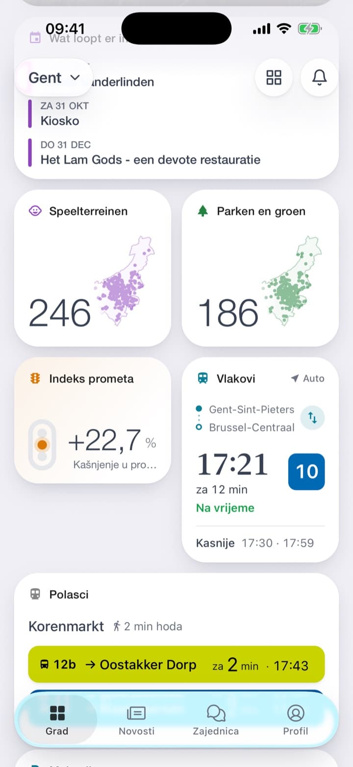 Na početnom zaslonu semafor s +22,7 % i upaljenim žutim svjetlom. Iza pločice kašnjenje u 16:00 s najsporijom cestom na +60,4 %, zadnjih sedam dana i sve ceste, najveće kašnjenje prvo.