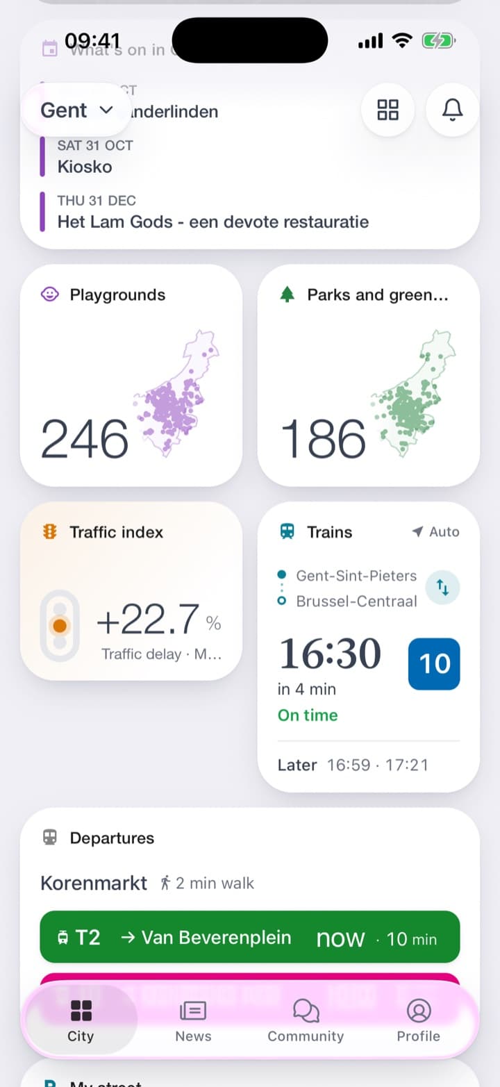 The page for her line: the 16:30 from platform 10, On time, quiet, arriving 17:19 with one change. One train in detail: arrival platform 3 and 8 minutes to change. The tile with the line set.