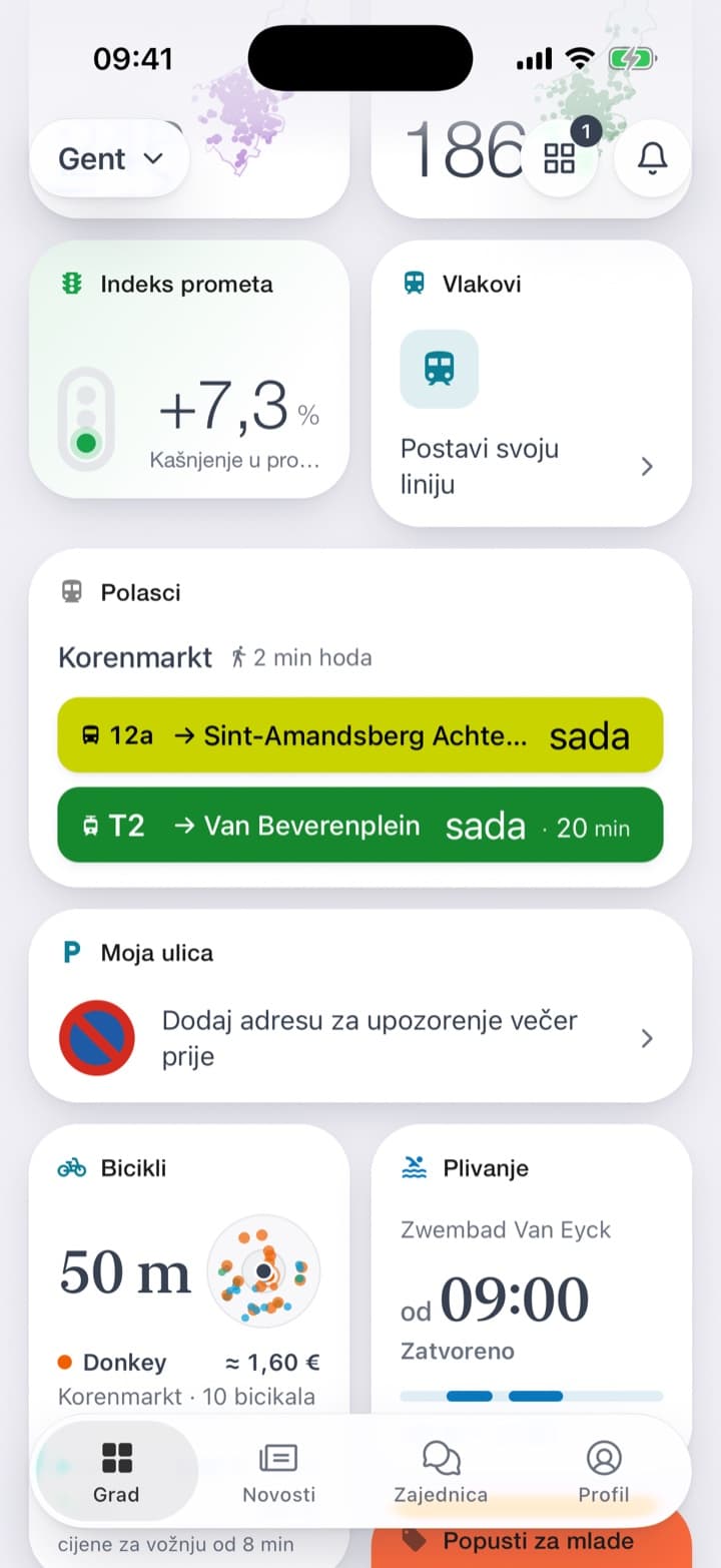 Najbliža stanica i njezini sljedeći polasci na početnom zaslonu. Iza pločice linije koje polaze s te stanice i tražilica za stanicu ili liniju.