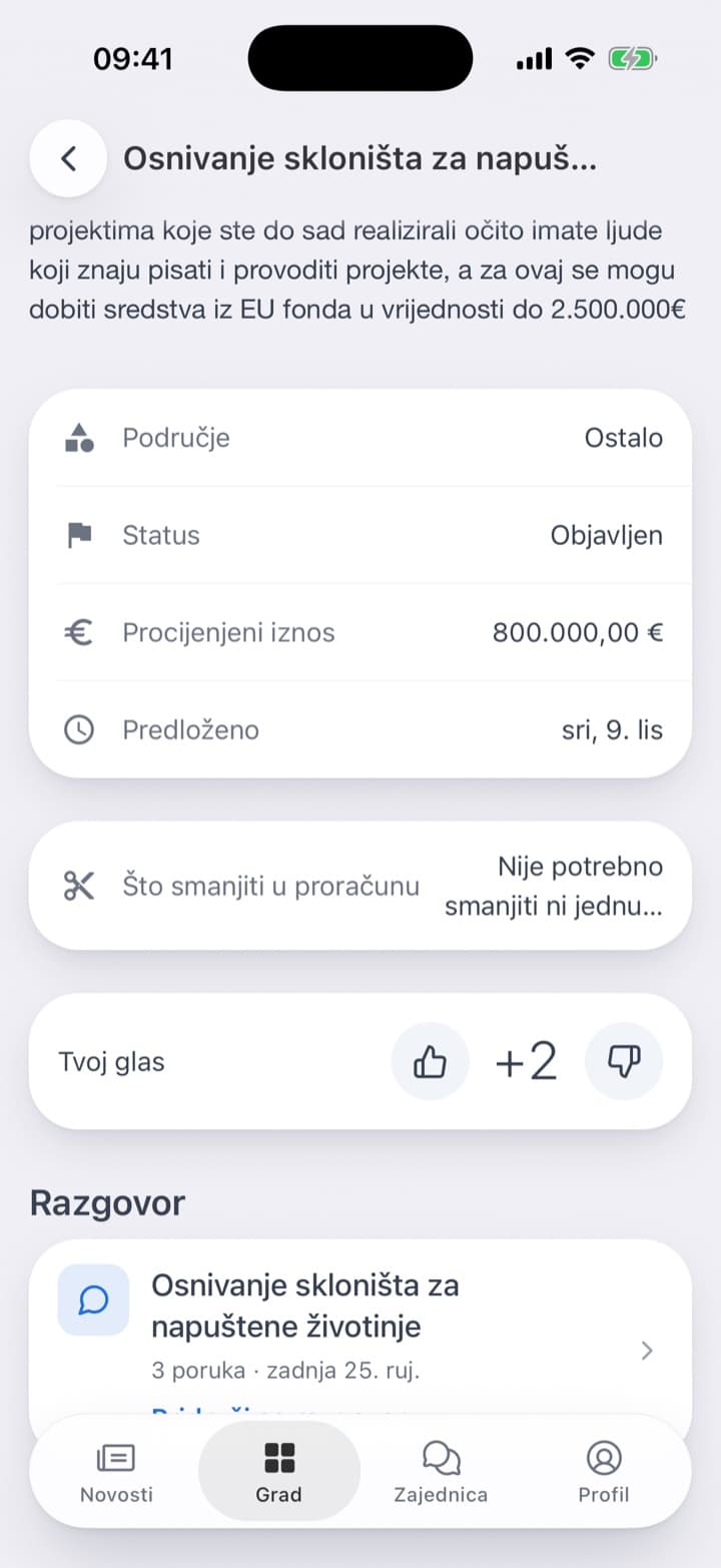Javni popis prijedloga. Otvoren prijedlog: područje, status, procijenjeni iznos, što smanjiti i glasanje.