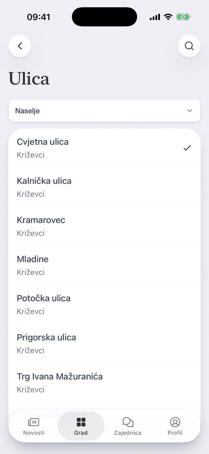 Pločica pokazuje što se sljedeće odvozi iz odabrane ulice. Ulica se odabere jednom, s popisa.