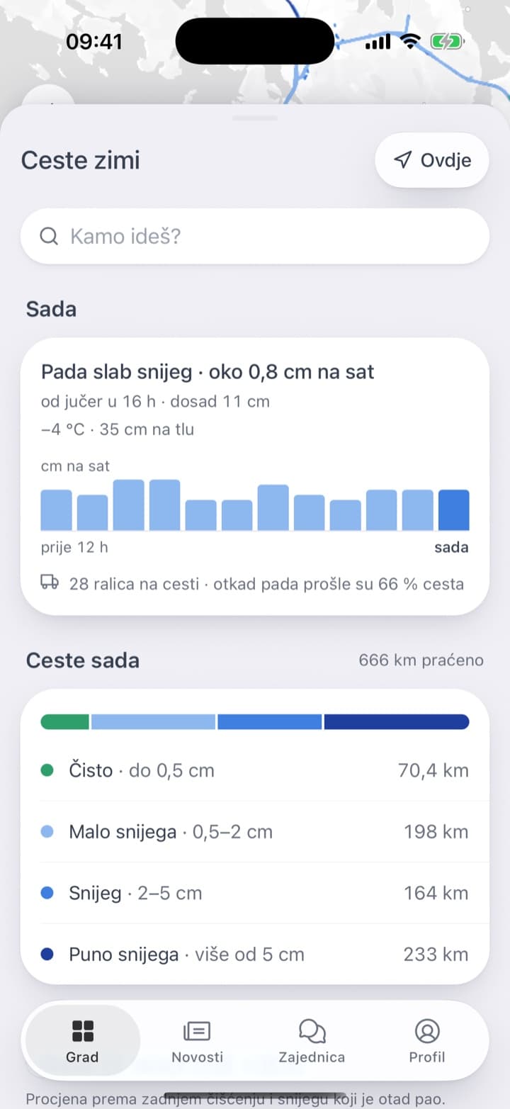 Pločica na početnom zaslonu, karta grada s cestama i ralicama te stranica koja kaže koliko jako pada i koliko je očišćeno.