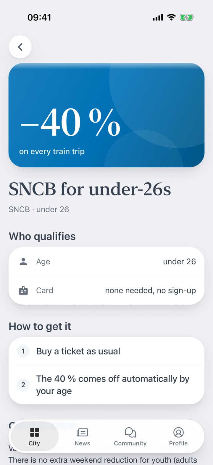 Further down, what applies across the country. An offer says who qualifies and how to get it; the travel programme gives the closing day and hour, and a button to apply.
